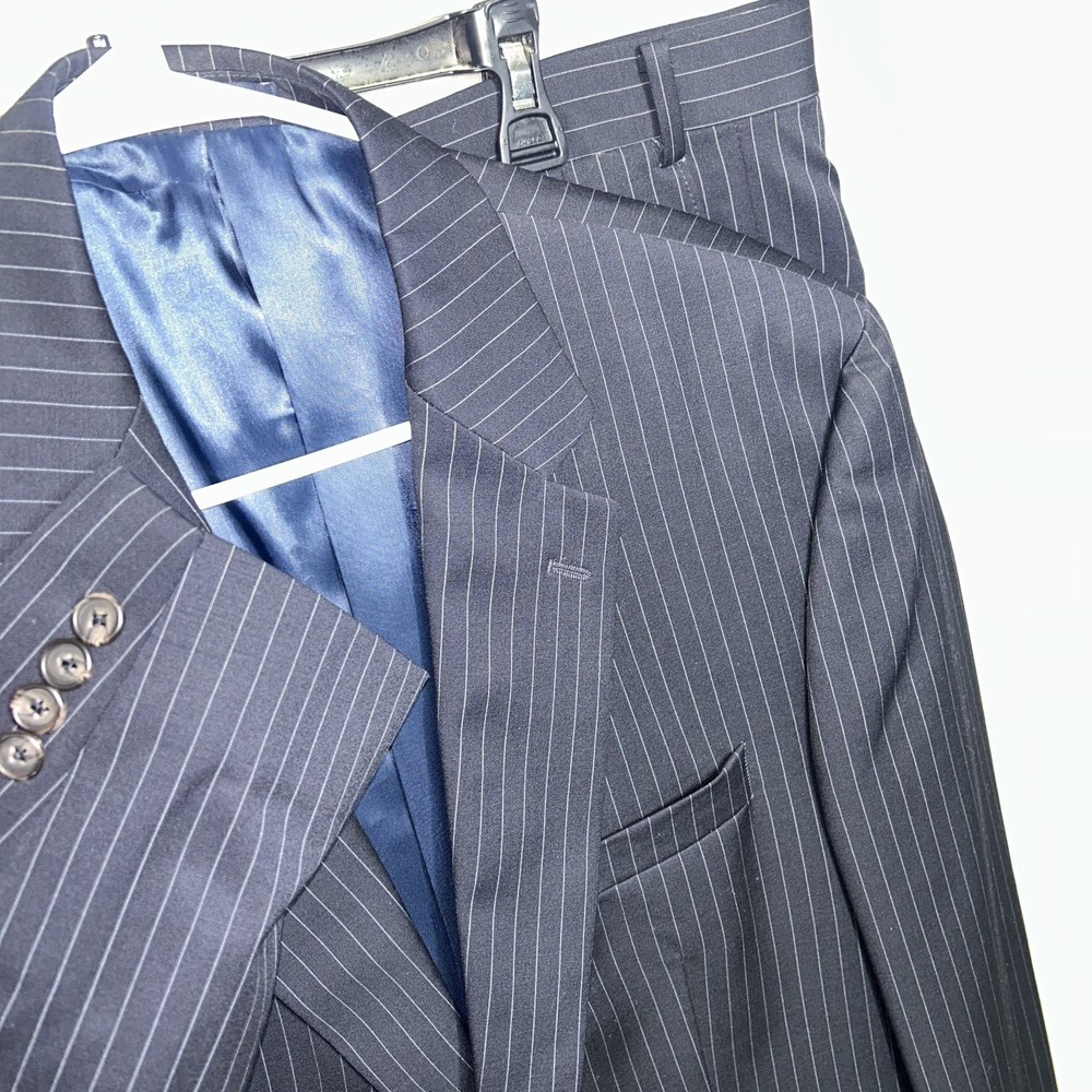 Ralph Lauren Mens 44R Pinstripe 2 Piece Suit Navy Blue Wool 38x30 D pleated